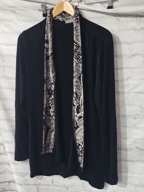 Chicos Travelers Black Cardigan with Paisley Trim